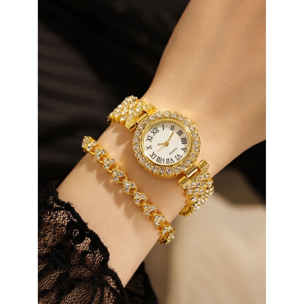 Gold Iced Out Watch & Bracelet Set Simulated Diamond VVS Dainty Luxury Set